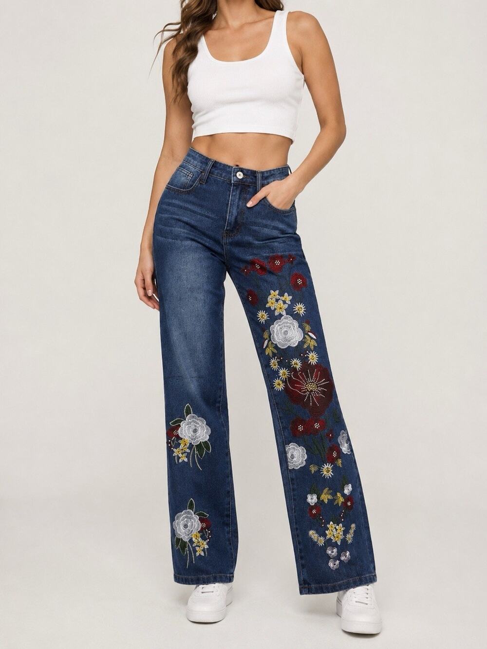 MISSLOOK Women’s M Floral Embroidered Jeans Dark Wash Straight Leg Boho Y2K